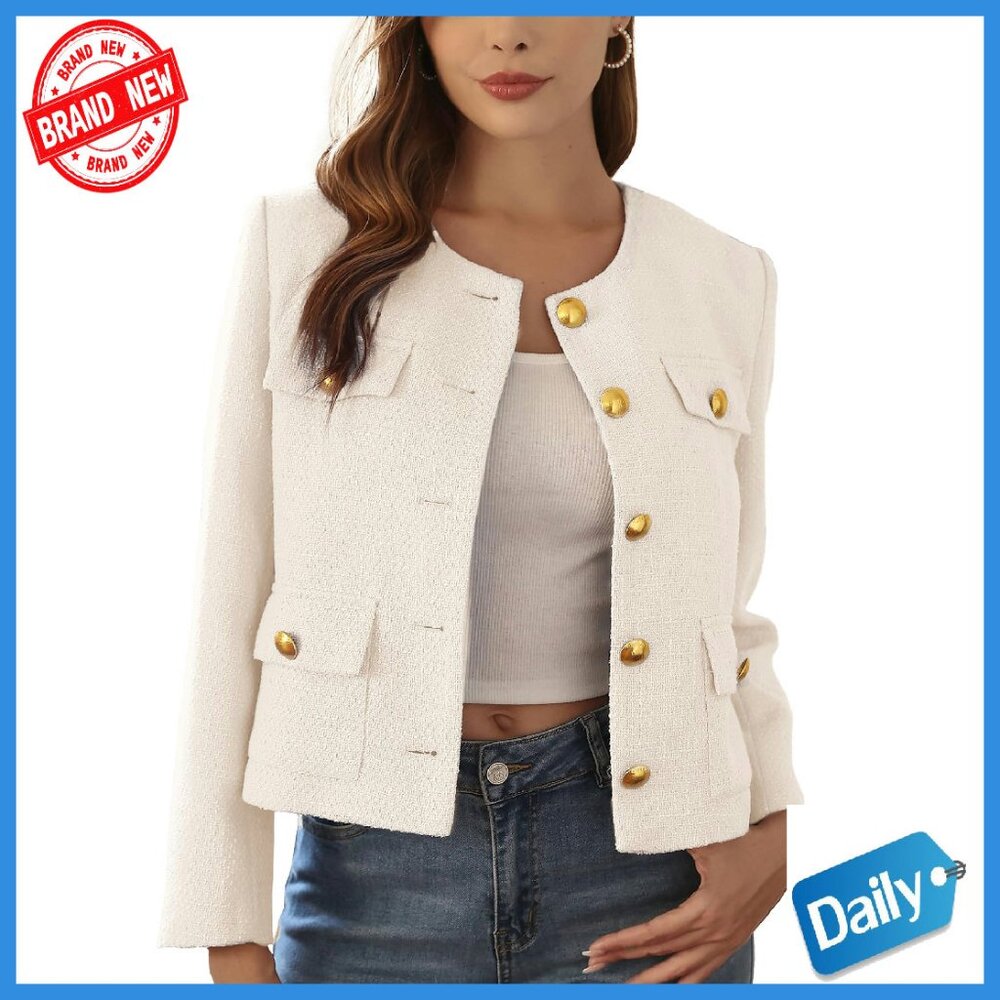 Cropped Tweed Blazer With Gold Buttons, Business Casual Jacket